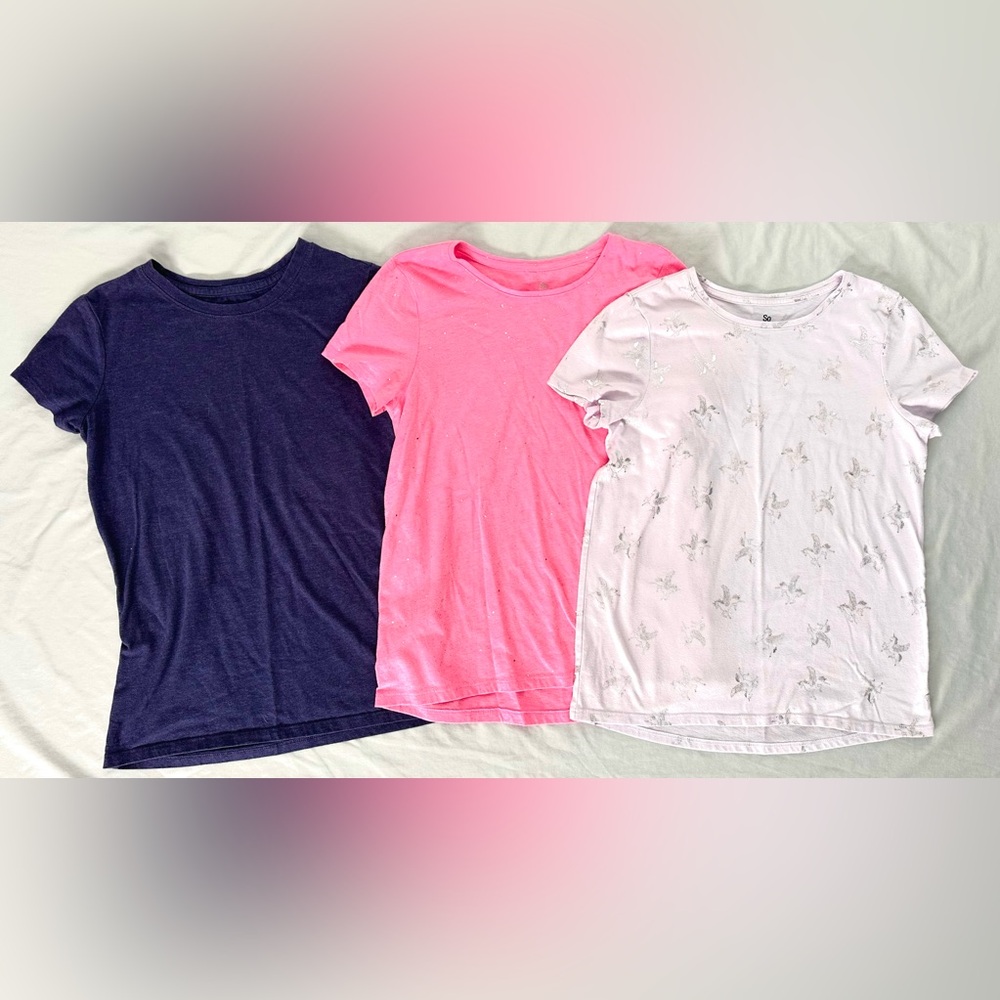 Girls Size 10/12 T-Shirt Bundle – Cat & Jack Navy + SO Pink Sparkle,Unicorn Tees